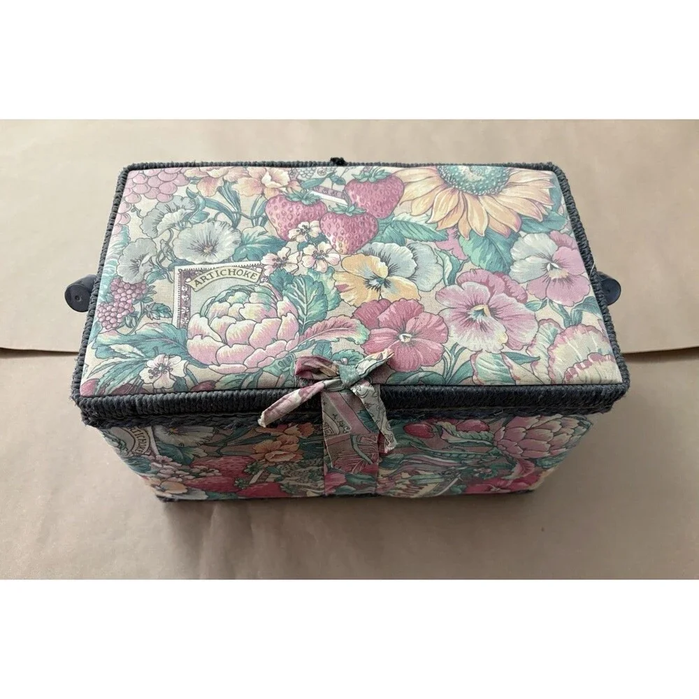 Vintage Floral Sewing Box with Handle | Fabric Covered Sewing Basket